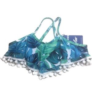 NWT Hilor Tropical Print Tiered Ruffle Pompom Crisscross Bikini Top Size 9/10